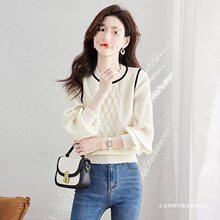 2024年早春装韩版淑女风时尚上衣灯笼袖拼接假两件薄款外穿针织衫