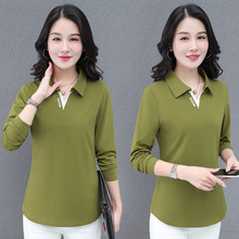 纯棉假两件时尚翻领中长款T恤女春秋中年妈妈装直筒袖口有领上衣