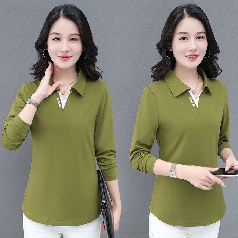 纯棉假两件时尚翻领中长款T恤女春秋中年妈妈装直筒袖口有领上衣