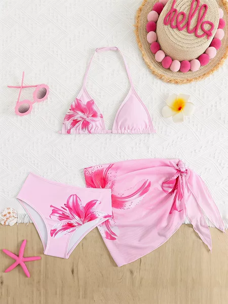 Girls' Bikini Three-Piece Swimsuit Set with Floral Print and Wrap Skirt for Older Children, Export Swimwear