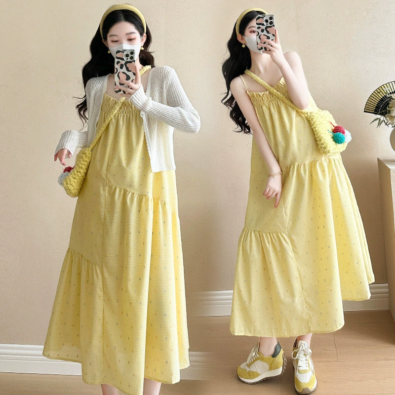 2025 весна и лето новая свободная волновая точка средняя длинная крышка живота подтяжка платье маленький кардиган для беременных костюм прилив