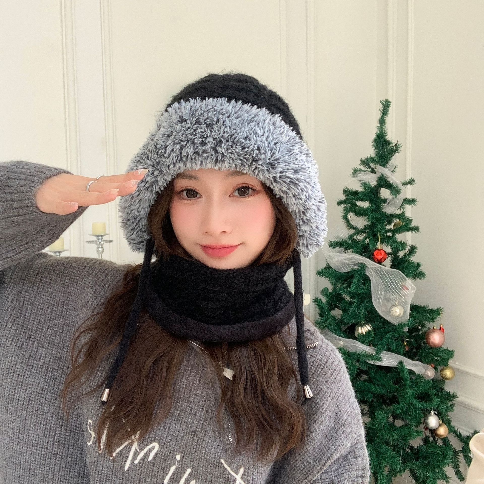 2024 Herbst- und Wintermütze Schal integrierte Thermomütze großer Kopfumfang vielseitig einsetzbar Radfahren Kälteschutz Ohrenschutz Strickpullover Mütze_voghion.com