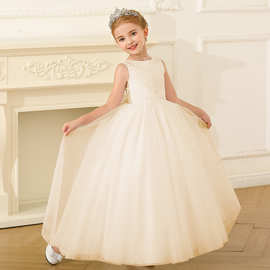 2026新款跨境儿童礼服女童蕾丝拖尾小提琴钢琴演出蓬蓬纱公主长裙