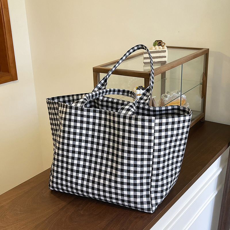 Japanese-Style Plaid Canvas Bag for Women, High-End, Casual, Handbag, Shoulder Bag, Large Capacity Tote Bag, Shopping Bag