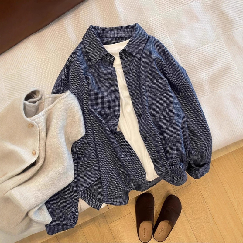 Retro High-End Blue Plaid Brushed Cotton Shirt Jacket Women's Autumn and Winter New Style Lazy Loose Long-Sleeved Shirt Top