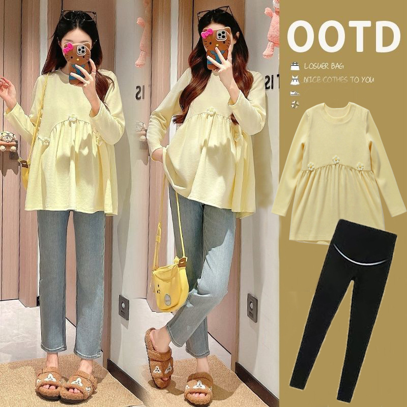 Maternity Suit Popular Belly-Covering Embroidered Maternity Long-Sleeved Pregnancy Bottoming Baby Doll Shirt Loose New Bottoming Dress