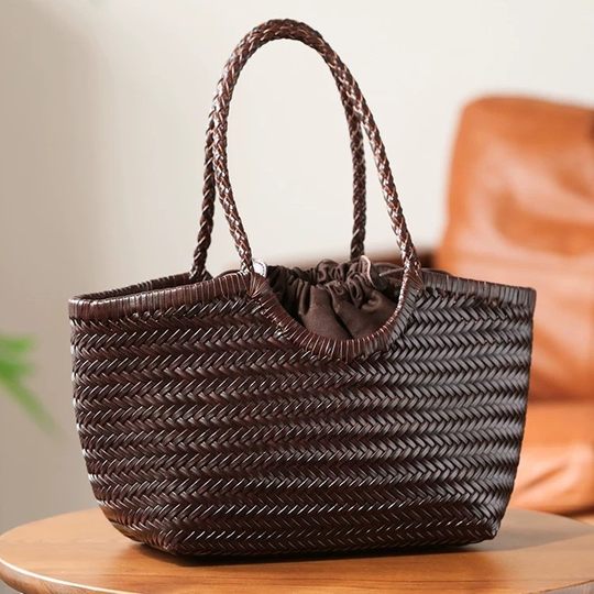 Dragon Same-style Cowhide Woven Bag Women's Portable Shoulder Vegetable Basket Tote Bag Handmade Genuine Leather Vacation Fashionable Spring and Summer