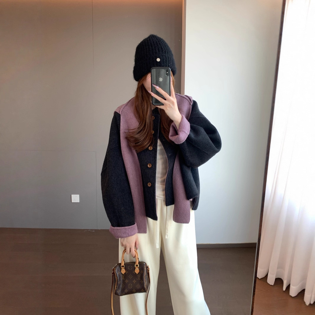 One-Piece Multi-Wear 100% Superfine Wool Knitted Shawl Double-Sided Wool Contrasting Color Coat Two-Piece Winter Set G112815
