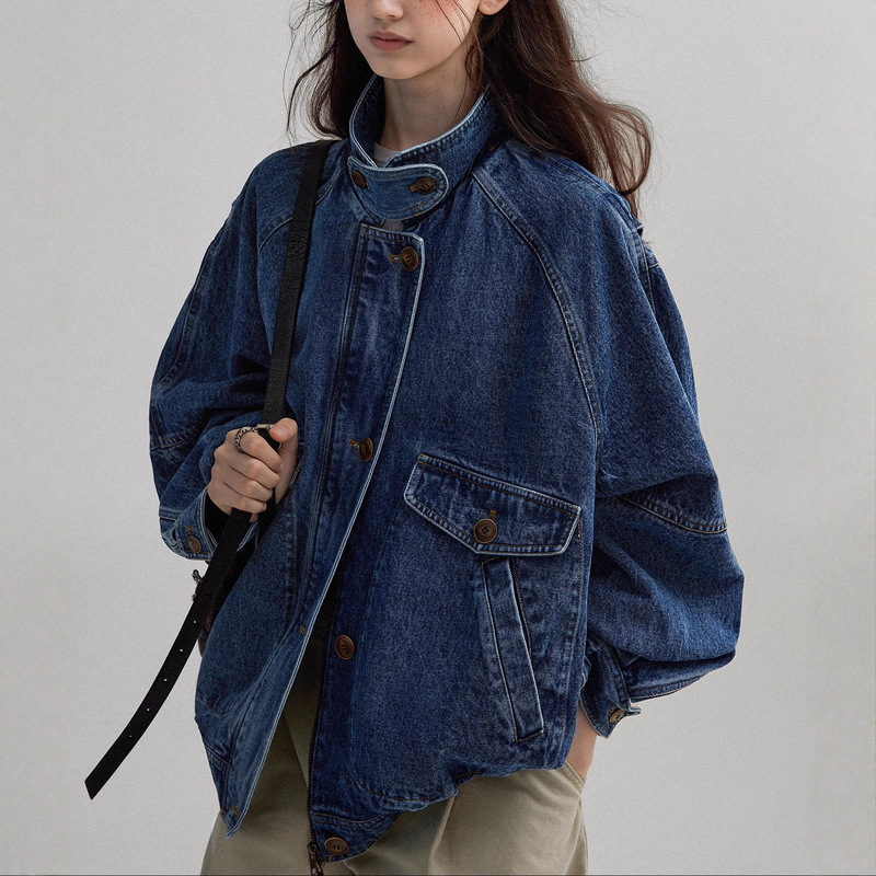 Nordic Vintage Style/Washed Denim Texture Stand Collar Color-Blocked Silhouette Bomber Jacket for Women