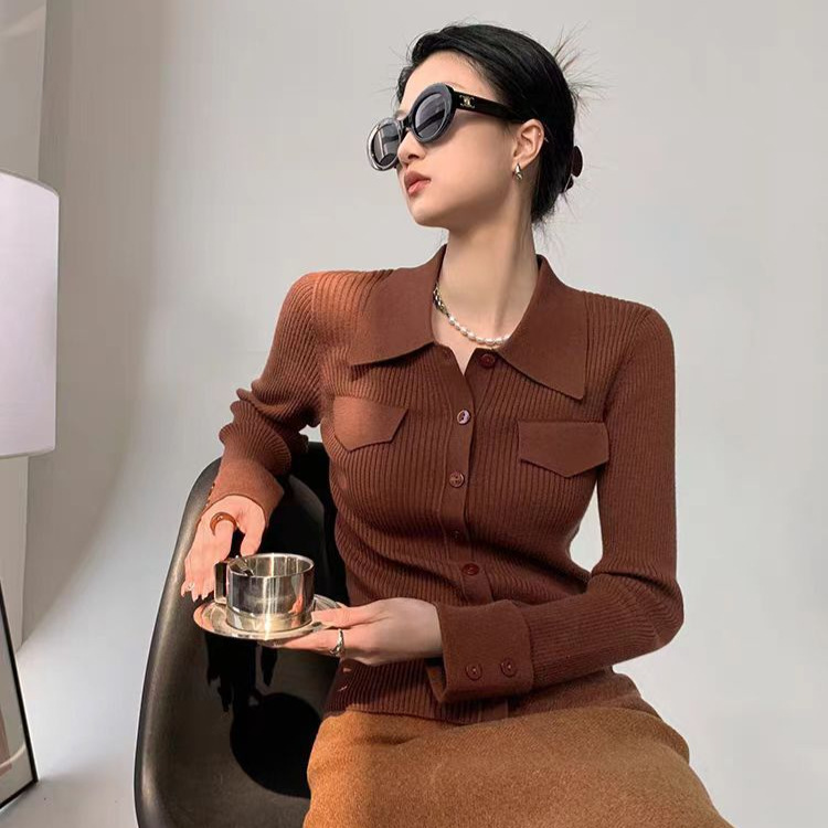 Simple Atmosphere Soft Wool Slimming Vertical Pit Knitted Sweater Simple Slim-Fit Elastic Cover Pocket Lapel Cardigan