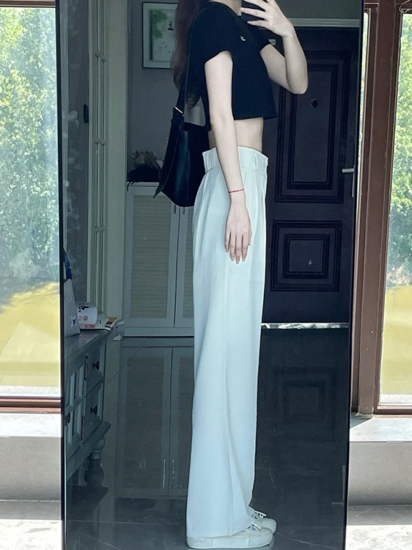 白いスーツパンツ、高級感のあるドレープ感、女性用春夏スーツパンツ、ダブルボタン、ハイウエスト、スリム、細身、ストレート、ワイドパンツ|undefined