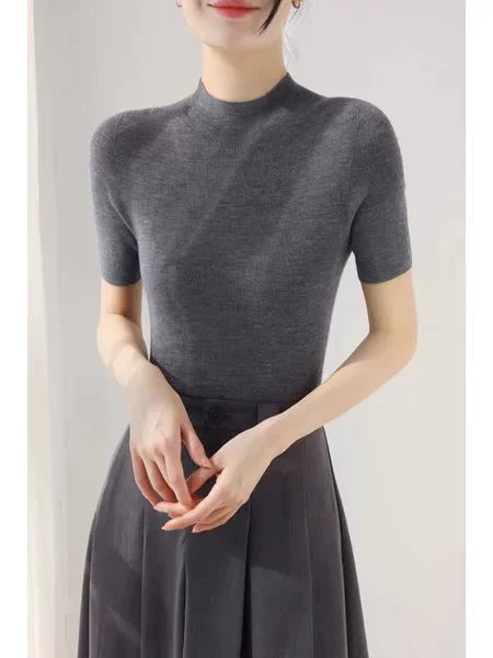 60-Count Machine Washable Fine-Spun Half-Turtleneck 100% Merino Wool Seamless Integrated Short-Sleeve Women's Thin Base Layer Shirt