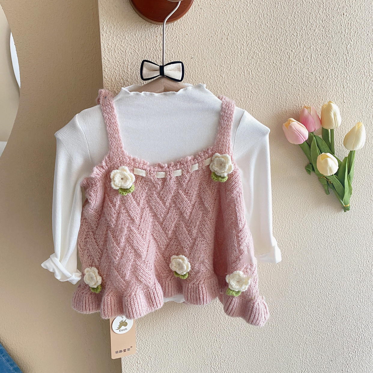 Salty Lime siete chaleco niñas Otoño e Invierno estilo occidental nuevo estilo coreano ropa para niños moda retro flor Rosa Chaleco de punto moda