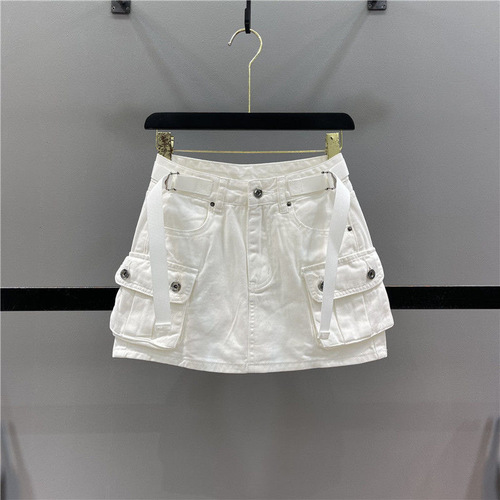 2023 spring and summer new style hot girl big pocket workwear strap denim skirt pants hip-covering A-line skirt