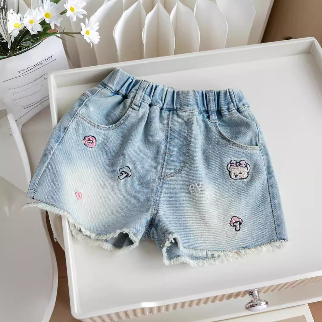 Little Girl Summer Outerwear Denim Shorts Korean Version New Stylish Cartoon Embroidery Anime Fuzzy Versatile Thin Pants