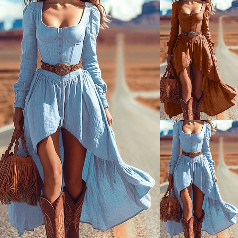 Independent Cross-Border Platform 2025 European and American Casual Long-Sleeve Women's Retro Western Solid Color Dress (Without Belt)