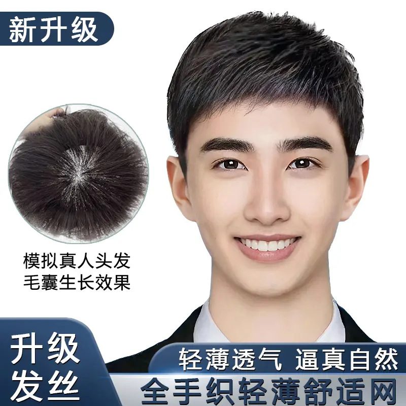 Xuchang hombres peluca completa cabeza cubierta de fábrica al por mayor realista transpirable pelo real completo tejido a mano peluca cubierta de los hombres de mediana edad de pelo corto