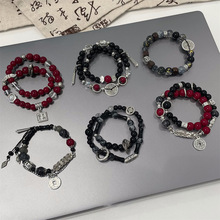 新款中式古风山鬼花钱五帝钱低调高级黑白太极竹节平安锁陶瓷手链