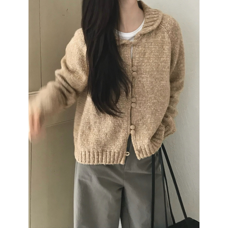 慵懒软糯翻领杂线双拉链毛衣外套女秋冬新款宽松针织开衫韩系上衣|undefined