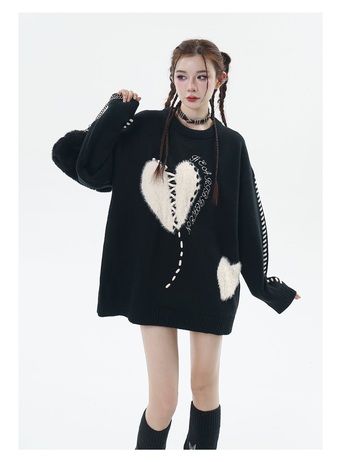 Herrenbekleidung Street Fashion Marke Liebe Stickerei Design lockerer Rundhals-Strickpullover_voghion.com