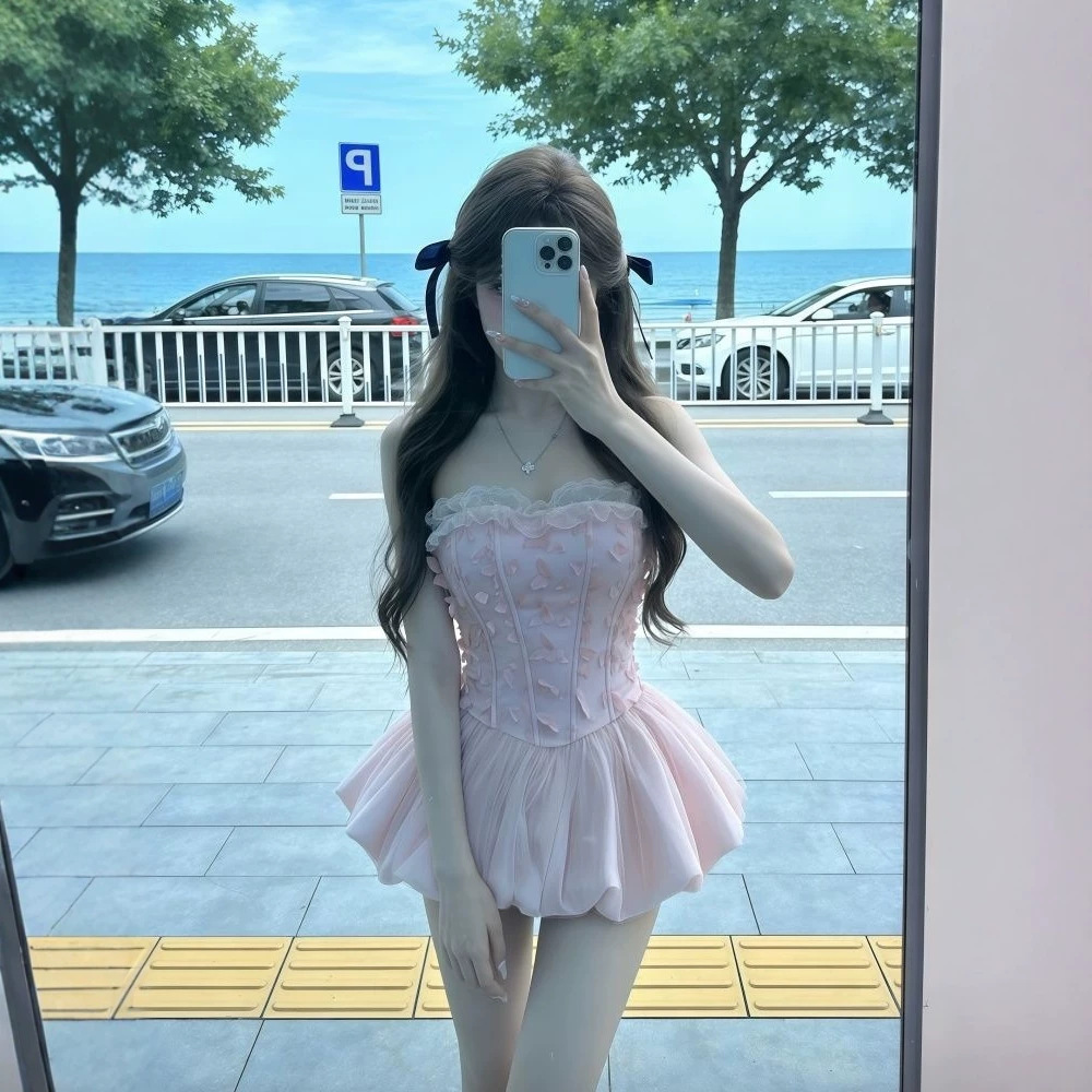 小众浪漫感甜美花苞裙女夏季新款绝美立体小蝴蝶收腰连衣裙公主裙