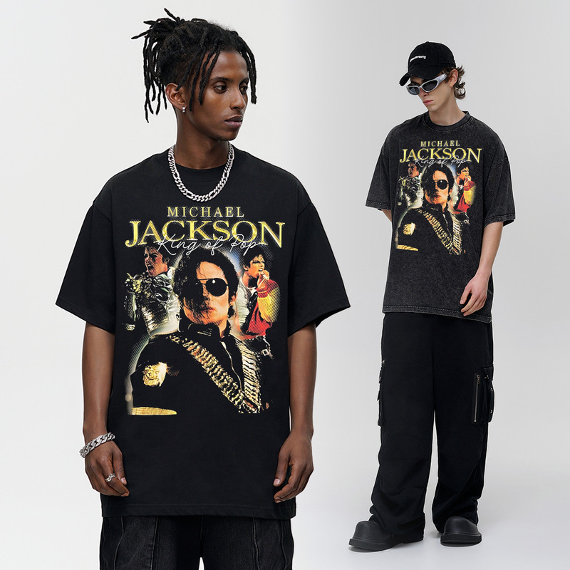 MJ Michael Jackson American Retro Cross-border vintage Washed Heavy Short-sleeved T-shirt Summer Men's Half-sleeved