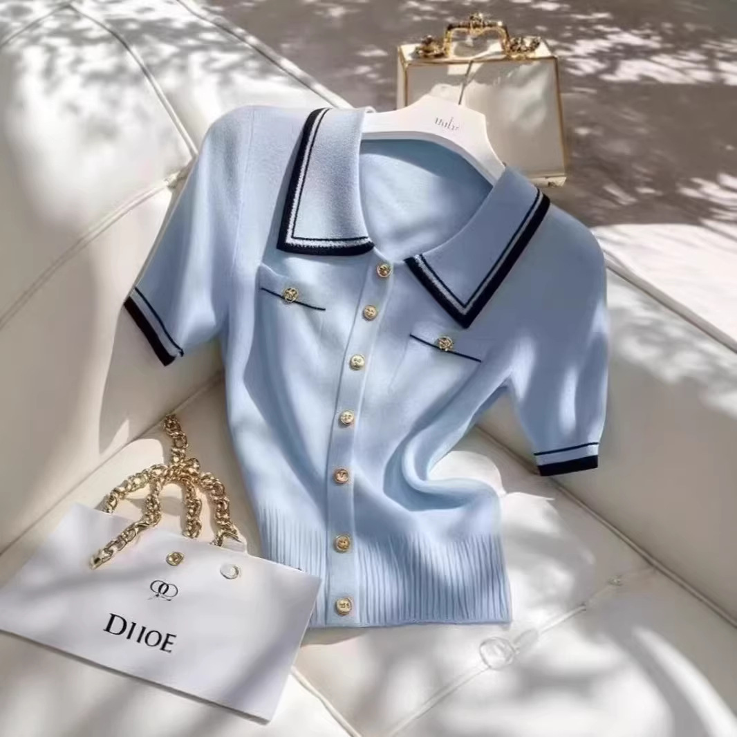 Áo thun nữ cổ polo tay ngắn phối màu xanh lam kiểu mới — xanh lam chi tiết 2