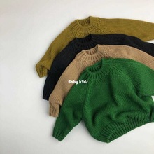 韓國童裝兒童針織衫長袖厚綠色粗毛線打底套頭衫森系圓領女童毛衣