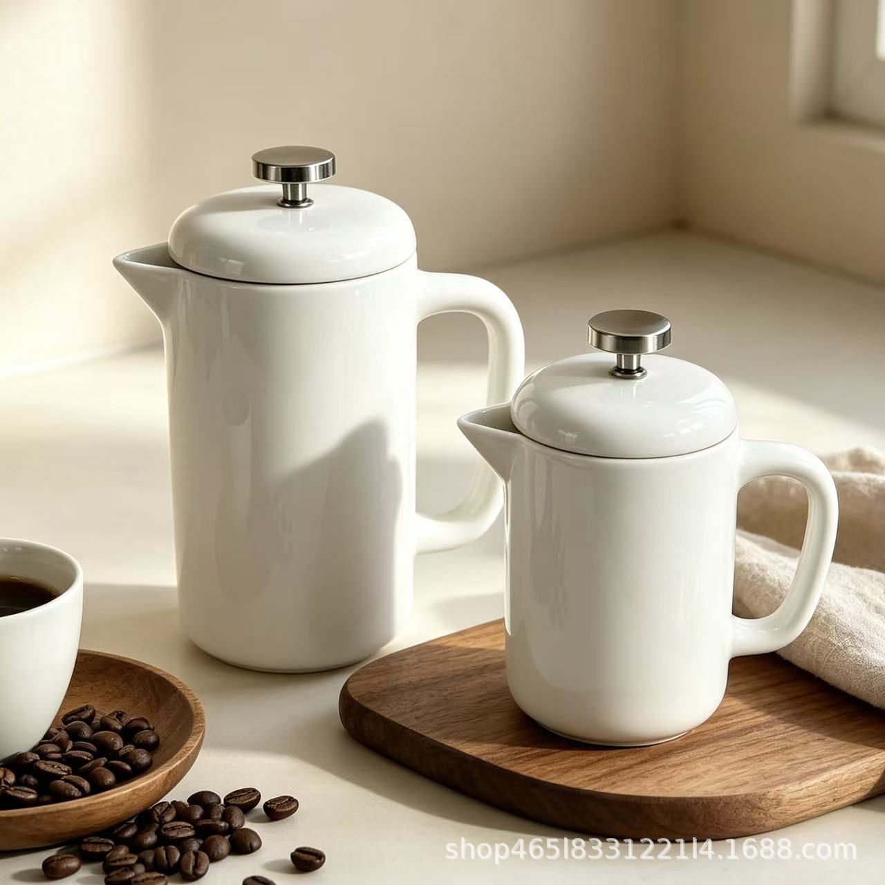 White ceramic French press coffee pot, hand-brew coffee pot, moka pot, high aesthetic value tea pot, filter press pot, high temperature resistant