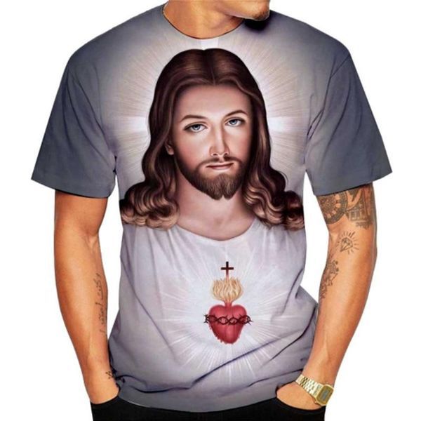 Pascua cruz oración 3D impresión digital casual de los hombres suelta cuello redondo manga corta hombro transpirable camiseta