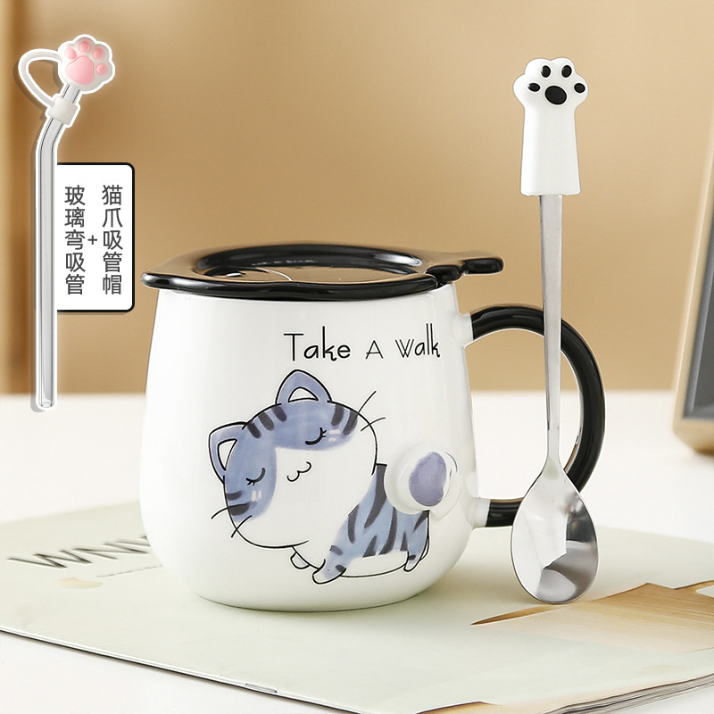 Taza de gato Mark con tapa Cuchara Taza de agua de cerámica Taza de pareja de dibujos animados de cerámica para hombres y mujeres Taza de desayuno de café de oficina