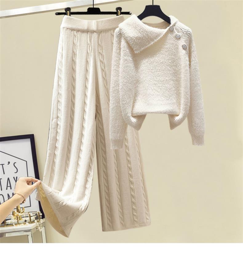 Women's Clothing Autumn and winter three piece suit for women, designer sweater, thickened slim vest coat, high waist, wide leg casual pants_voghion.com