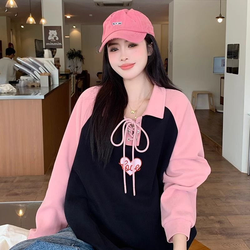 Oversize 1.00 kg-150.00 kg Design Embroidered Long-sleeved Sweatshirt Women's Autumn chubby girl Loose Slimming New Fashionable Top