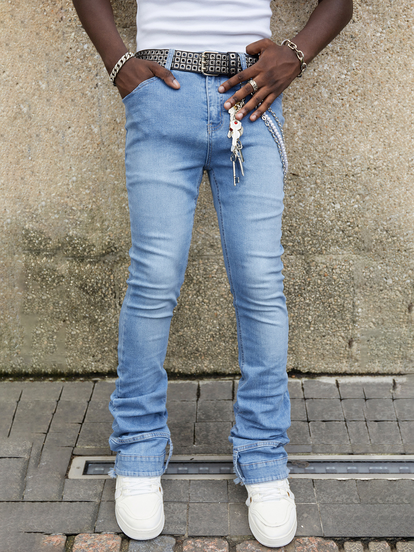 Men's Straight Leg Jeans Midweight Stretch Patch Denim Mid Waist Long Trousers Street Style Instagram Popular_mkmklike.com