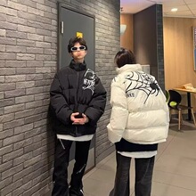 2026大码原创美式蜘蛛网刺绣棉服棉衣男女冬季加厚宽松面包服外套