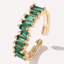 跨境个性设计绿色满镶锆石戒指女 黄铜镀18K金开口可调节指环手饰