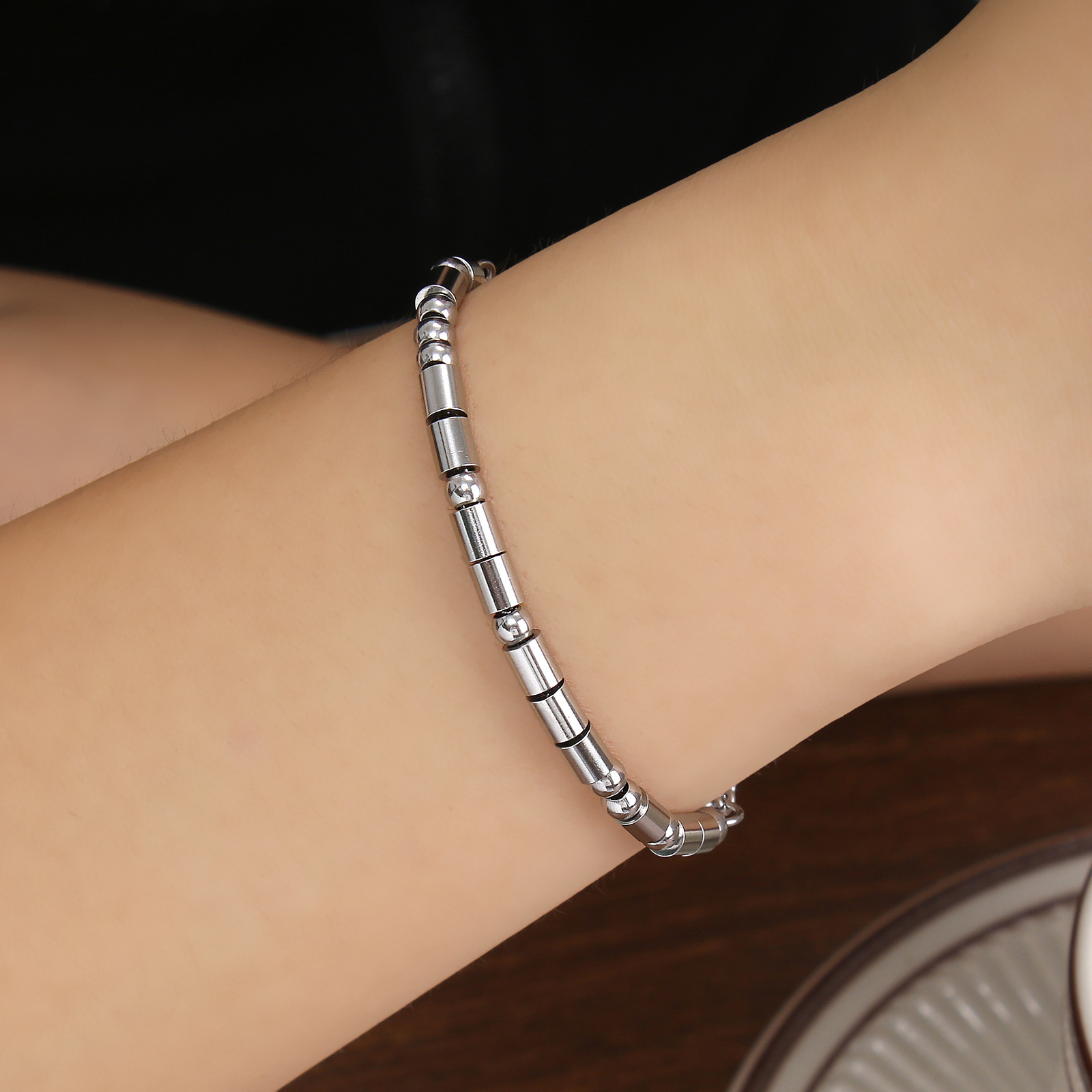 Morse Code Beaded Bracelet In Gold Stainless Steel For Women_voghion.com