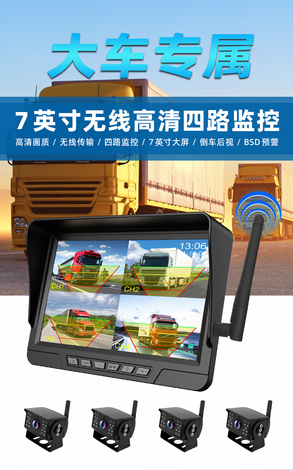 Wireless Car Monitor Backup Camera HD Night Vision Dual Recording