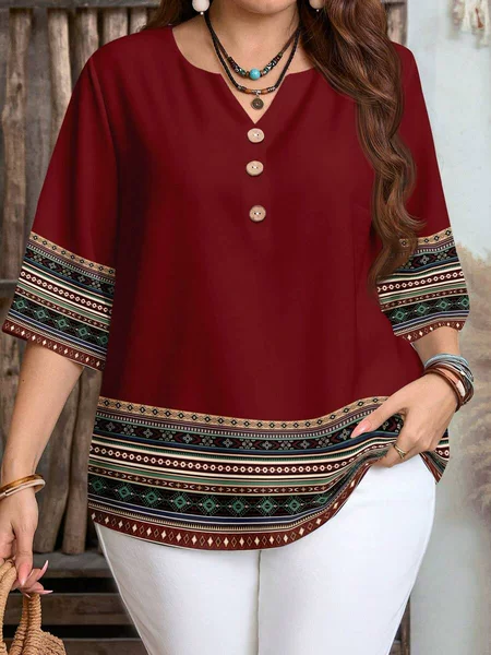 2026 Plus-Size Women's Clothing Cross-Border Amazon Spring, Summer, and Autumn Retro Pattern Front Button Casual Shirt