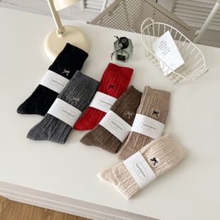 suxinaimin Socks Women's Spring and Autumn Japanese-style Cute Embroidered Bow Mid-body Socks Point Yarn Grey Pile Socks