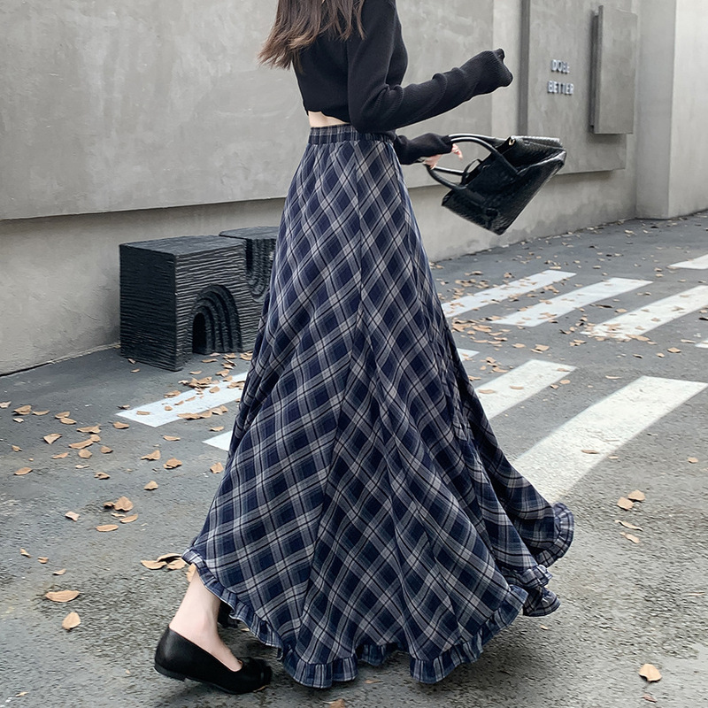 复古气质不规则下摆格纹半身裙女2025新款早秋高腰显瘦大摆a字裙|undefined
