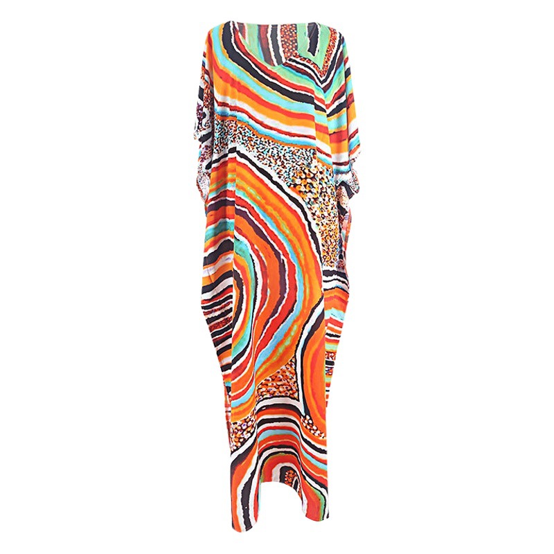 European and American New Style Rayon Printed Long Dress, Beach Vacation Sun Protection Shirt, Beach Long Dress, Bikini Swimsuit Cover-Up