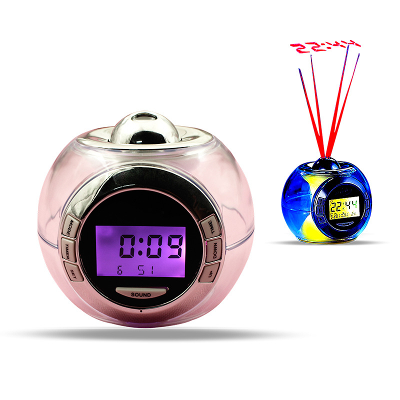 塑胶材质透明机身球形RGB七彩背光自然声闹铃投影钟