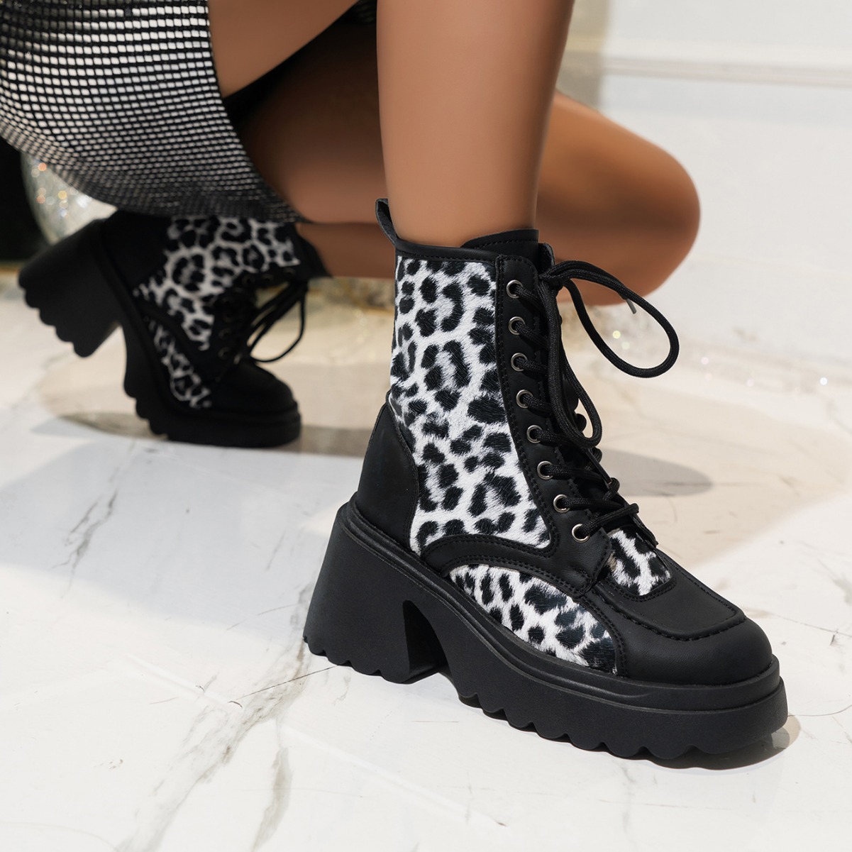 Leopard Print Short Boots For Women Autumn Lace Up Thick Sole Large Size Fashion New_vogvips.com