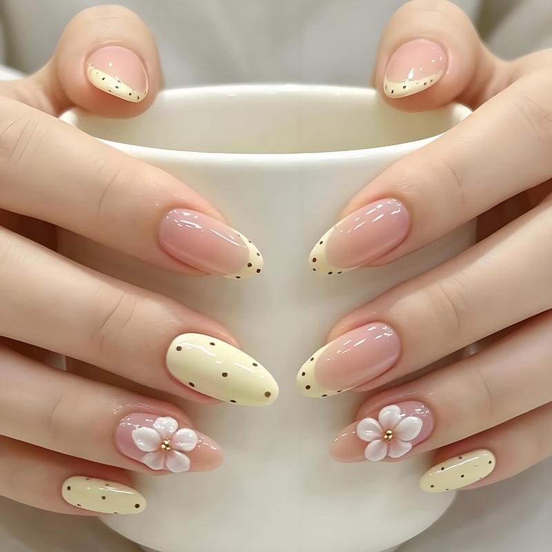 Cross-Border Hot-Selling 24Pcs Almond Milk Yellow Polka Dot French 3D Flower Press-On Nails Wholesale Detachable Nail Tips Cross-Border Hot-Selling 24Pcs Almond Milk Yellow Polka Dot French 3D Flower Press-On Nails Wholesale Detachable Nail Tips