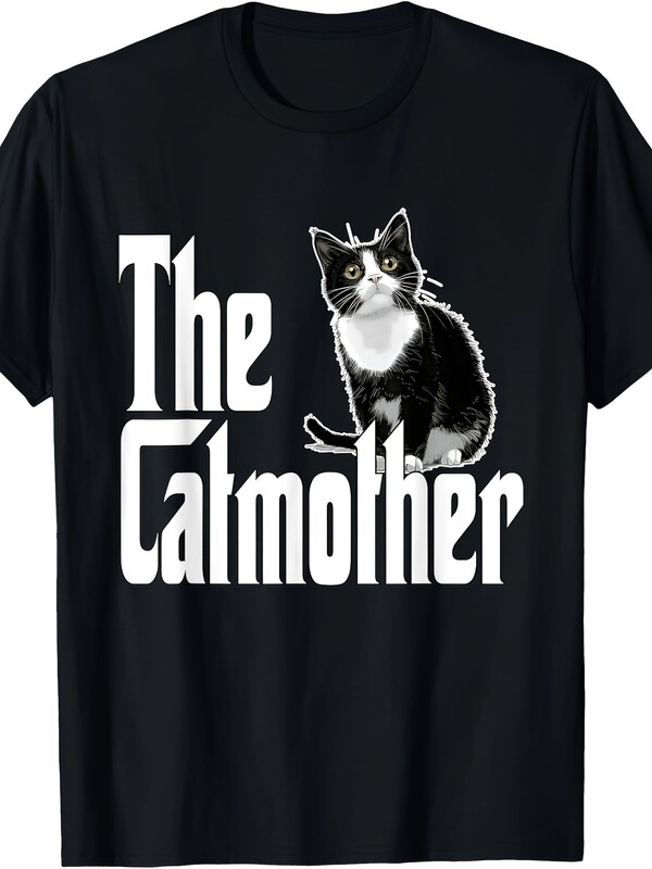 Funny Cat Mom Graphic T-Shirt - Men's Black White Casual Cotton T-Shirt, Short Sleeve, Crew Neck,