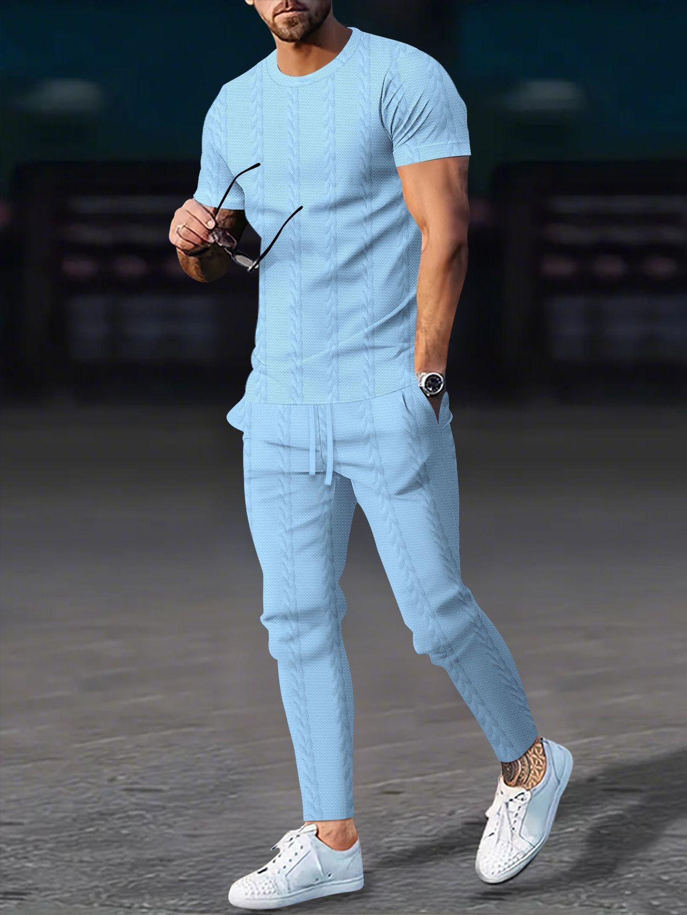 Men's Cable Knit Solid Color Jacquard Pullover Crew Neck Short Sleeve Trousers Casual Suit American Style Autumn New_viptrois.com