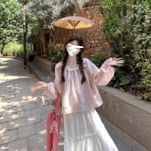 甜美淡蓝色蕾丝披肩衬衫夏季薄款少女多巴胺法式娃娃衫上衣