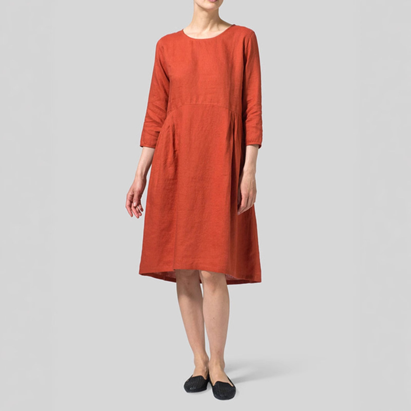 Cross-Border Foreign Trade 2025 European and American New Style Cotton and Linen Solid Color Pleated Casual Mid-Length Dress Loose Round Neck Long-Sleeved Dress