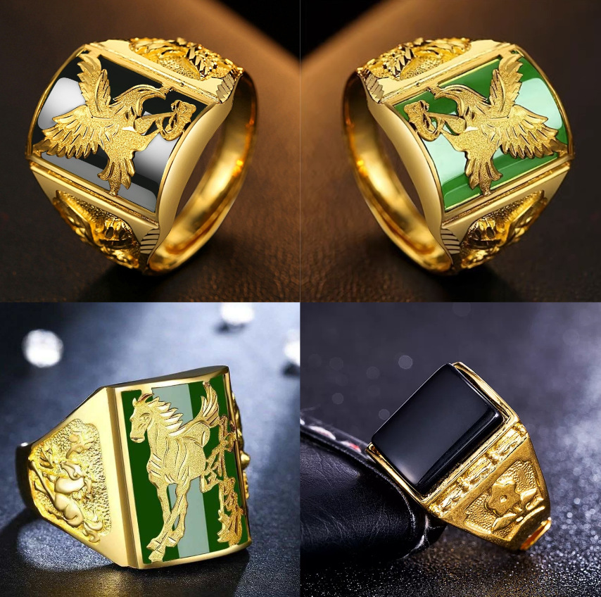 Vietnamese Sand Gold Men's Ring Gold-Plated Gemstone Ring Imitation Gold-Wrapped Jade Jewelry Fortune Ring